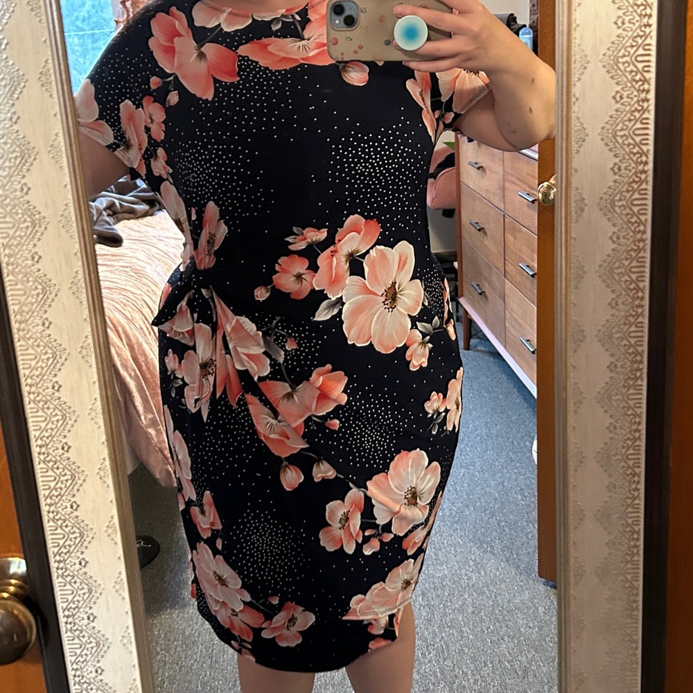 Navy Floral Sheath Dress with Pink Cherry Blossoms Party Dress - Picture 2 of 8